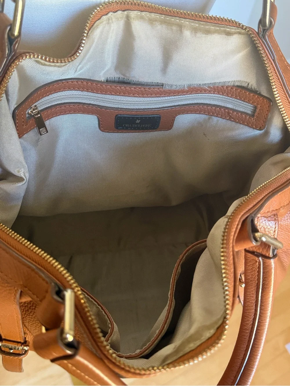 Ora Delphine Cognac Brown Pebbled Leather Satchel Bag